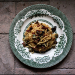 Tagliolini al limone con melanzane, zucchine, fave tonche e petto d’oca affumicato-Barone d.o.o.